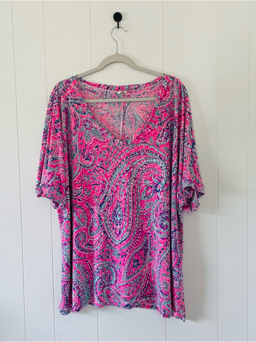 Sew In Love Pink Teal Navy Abstract Print Top
